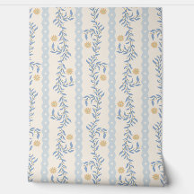 Cottagecore Climbing Floral Stripes Blue & White