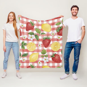 Cottagecore Erdbeeren & Zitronen auf rotem Gingham Fleecedecke