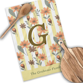 Cottagecore Fall Floral Streifen Custom Monogram Geschirrtuch