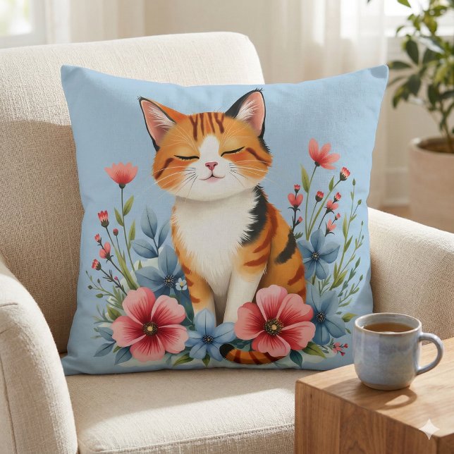 Cottagecore Floral Cat Kissen (Cottagecore Floral Cat Serene Feline Botanical Throw Pillow Mockup A)