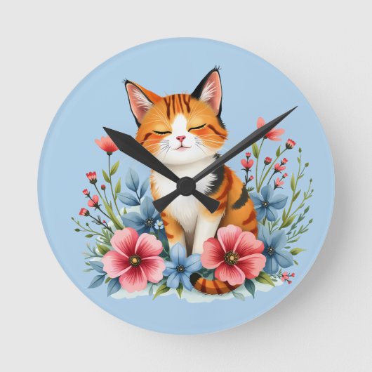 Cottagecore Floral Cat Runde Wanduhr (Vorderseite)