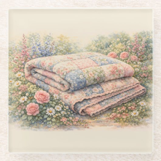 Cottagecore Floral Patchwork Quilt Watercolor Glasuntersetzer (Vorderseite)