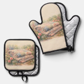 Cottagecore Floral Patchwork Quilt Watercolor Ofenhandschuh & Topflappen-Set (Vorderseite/Rückseite)
