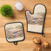 Cottagecore Floral Patchwork Quilt Watercolor Ofenhandschuh & Topflappen-Set (Oben Unten)