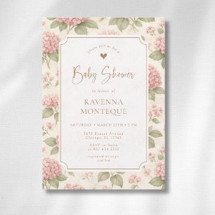 Cottagecore Florale Rosa Hydrangea Gold Babyparty- Einladung
