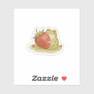Cottagecore Frog Hugging Strawberry Illustration Aufkleber