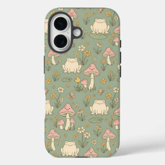 Cottagecore Frog & Mushroom Meadow Pattern Phone C iPhone 16 Hülle