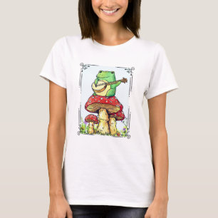 Cottagecore frog with mushroom house playing banjo T-Shirt