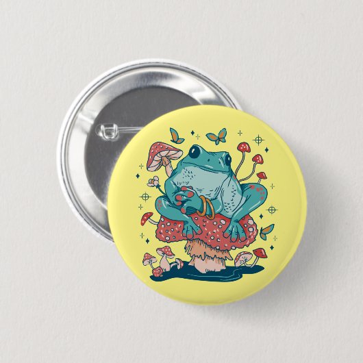 Cottagecore-Frosch auf Pilzhaus Button (Vorne & Hinten)
