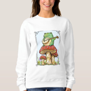 Cottagecore-Frosch mit Pilzhaus spielt Banjo Sweatshirt