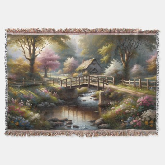 Cottagecore-Frühlingsbrücke Cottage-Szene Decke (Vorderseite)
