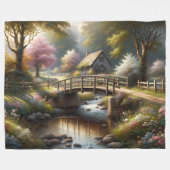 Cottagecore Frühlingsbrücke Cottage Szene Fleecedecke (Vorderseite (Horizontal))
