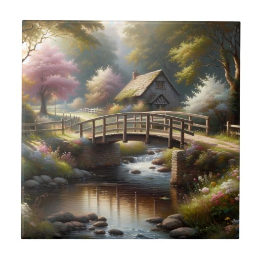 Cottagecore Frühlingsbrücke Cottage Szene Fliese (Vorderseite)