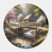 Cottagecore Frühlingsbrücke Cottage Szene Magnet (Vorne)