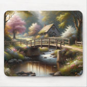 Cottagecore Frühlingsbrücke Cottage Szene Mousepad (Vorne)