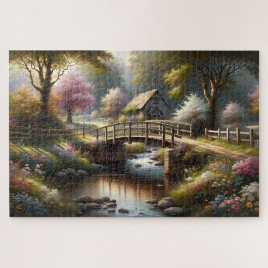 Cottagecore-Frühlingsbrücke Cottage-Szene Puzzle (Horizontal)