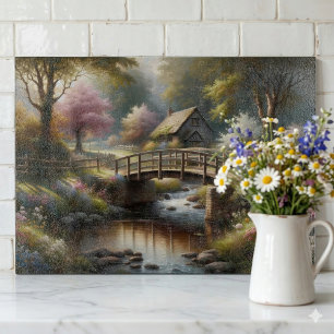 Cottagecore-Frühlingsbrücke Cottage-Szene Schneidebrett