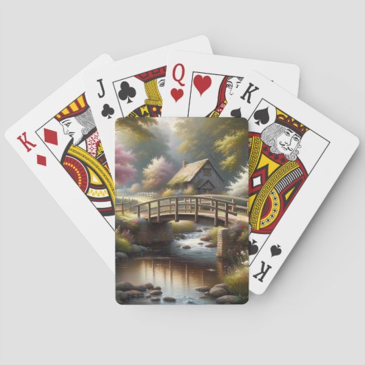 Cottagecore Frühlingsbrücke Cottage Szene Spielkarten (Rückseite)
