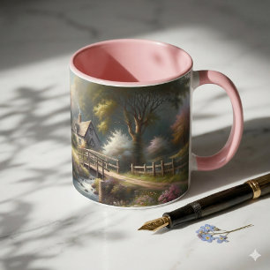 Cottagecore-Frühlingsbrücke Cottage Szene Tasse