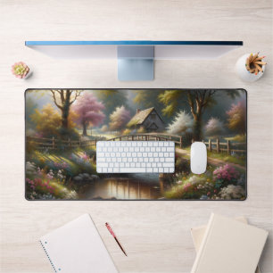 Cottagecore-Frühlingsbrückenszene im Landhausstil Schreibtischunterlage