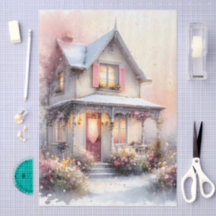 Cottagecore-Frühlingsheim im Blütenflor in Aquarel