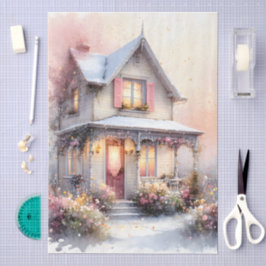 Cottagecore-Frühlingsheim im Blütenflor in Aquarel Seidenpapier