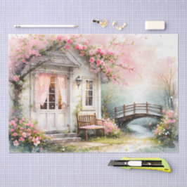 Cottagecore-Frühlingsheim im Blütenflor in Aquarel Seidenpapier