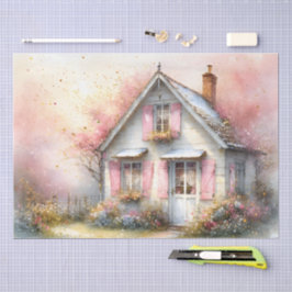 Cottagecore-Frühlingsheim im Blütenflor in Aquarel Seidenpapier