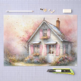 Cottagecore-Frühlingsheim im Blütenflor in Aquarel Seidenpapier