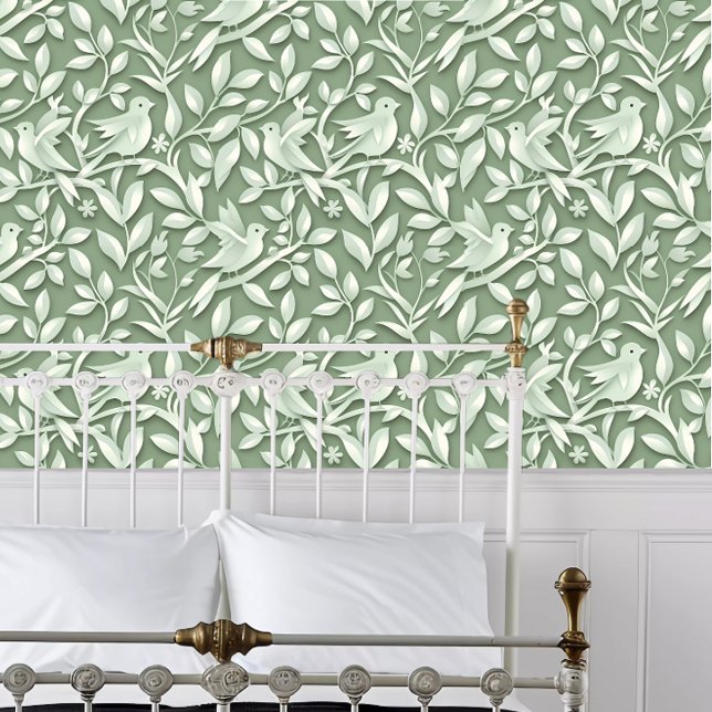 Cottagecore Grüne Papierausschnitt Vögel Tapete (Cottagecore Green Papercut Birds Wallpaper behind a white metal framed bed.)