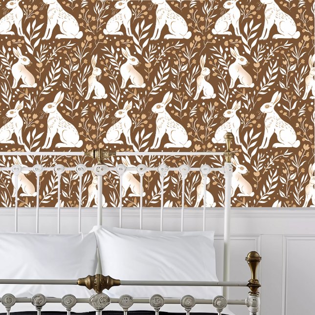Cottagecore-Hasen Tapete (Cottagecore Hares Wallpaper behind a white metal bed frame. )