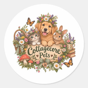 Cottagecore-Haustiere – Whimsische florale Tiergar Runder Aufkleber