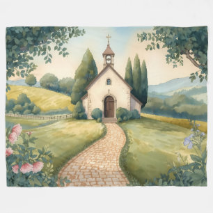 Cottagecore-Kapellenweg-Pastell-Landschaft Fleecedecke