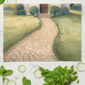 Cottagecore-Kapellenweg-Pastell-Landschaft Geschirrtuch (Gefaltet)