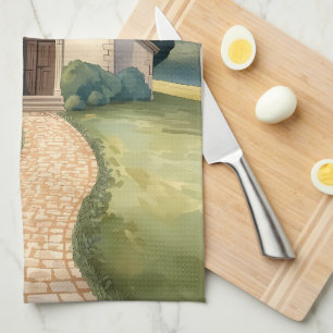 Cottagecore-Kapellenweg-Pastell-Landschaft Geschirrtuch