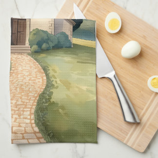 Cottagecore-Kapellenweg-Pastell-Landschaft Geschirrtuch