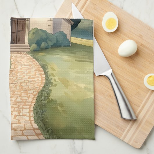 Cottagecore-Kapellenweg-Pastell-Landschaft Geschirrtuch (Viertel Falte)