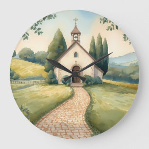 Cottagecore-Kapellenweg-Pastell-Landschaft Große Wanduhr