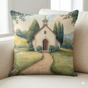 Cottagecore-Kapellenweg-Pastell-Landschaft Kissen
