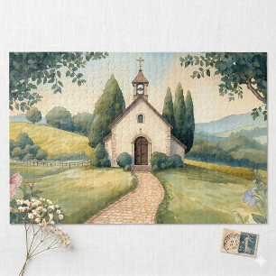 Cottagecore-Kapellenweg-Pastell-Landschaft Puzzle