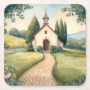 Cottagecore-Kapellenweg-Pastell-Landschaft Rechteckiger Pappuntersetzer