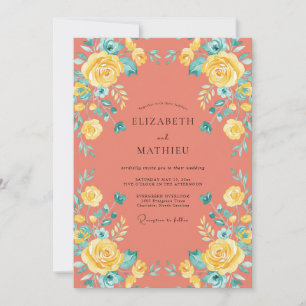 Cottagecore Korallen Gelbe Rosen Hochzeit Einladung