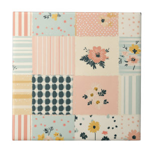 Cottagecore-Korallenpastell-Blumenpatchwork-Quilt Fliese