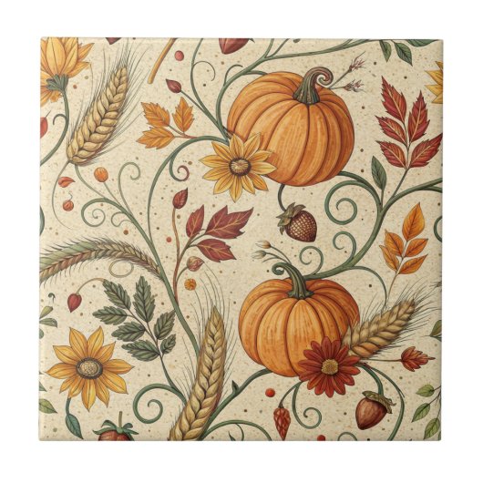 Cottagecore-Kürbisfeld-Herbstmuster Fliese (Vorderseite)