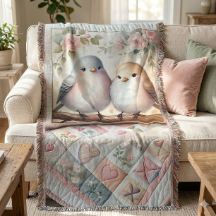 Cottagecore-Liebesvogel-Blumen-Quilt-Szene Decke