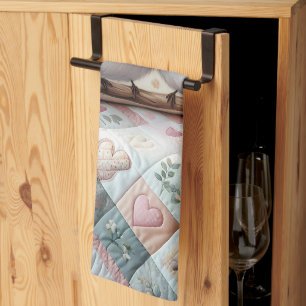 Cottagecore-Liebesvogel-Blumen-Quilt-Szene Geschirrtuch