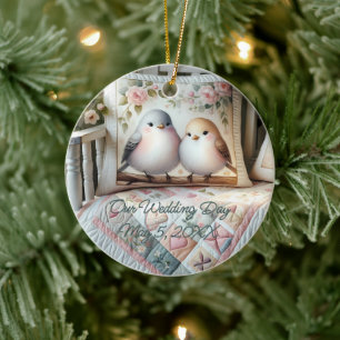 Cottagecore-Liebesvogel-Blumen-Quilt-Szene Keramik Ornament