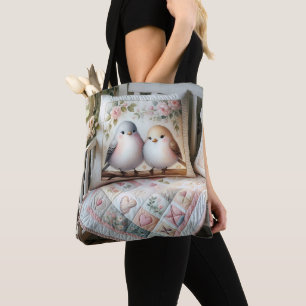 Cottagecore-Liebesvogel-Blumen-Quilt-Szene Tasche