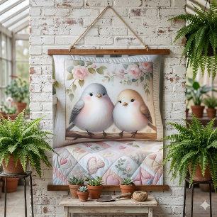 Cottagecore-Liebesvogel-Blumen-Quilt-Szene Wandteppich Mit Holzrahmen