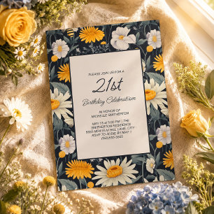 Cottagecore Navy Blau Weiß Gelb 21. Geburtstag Einladung
